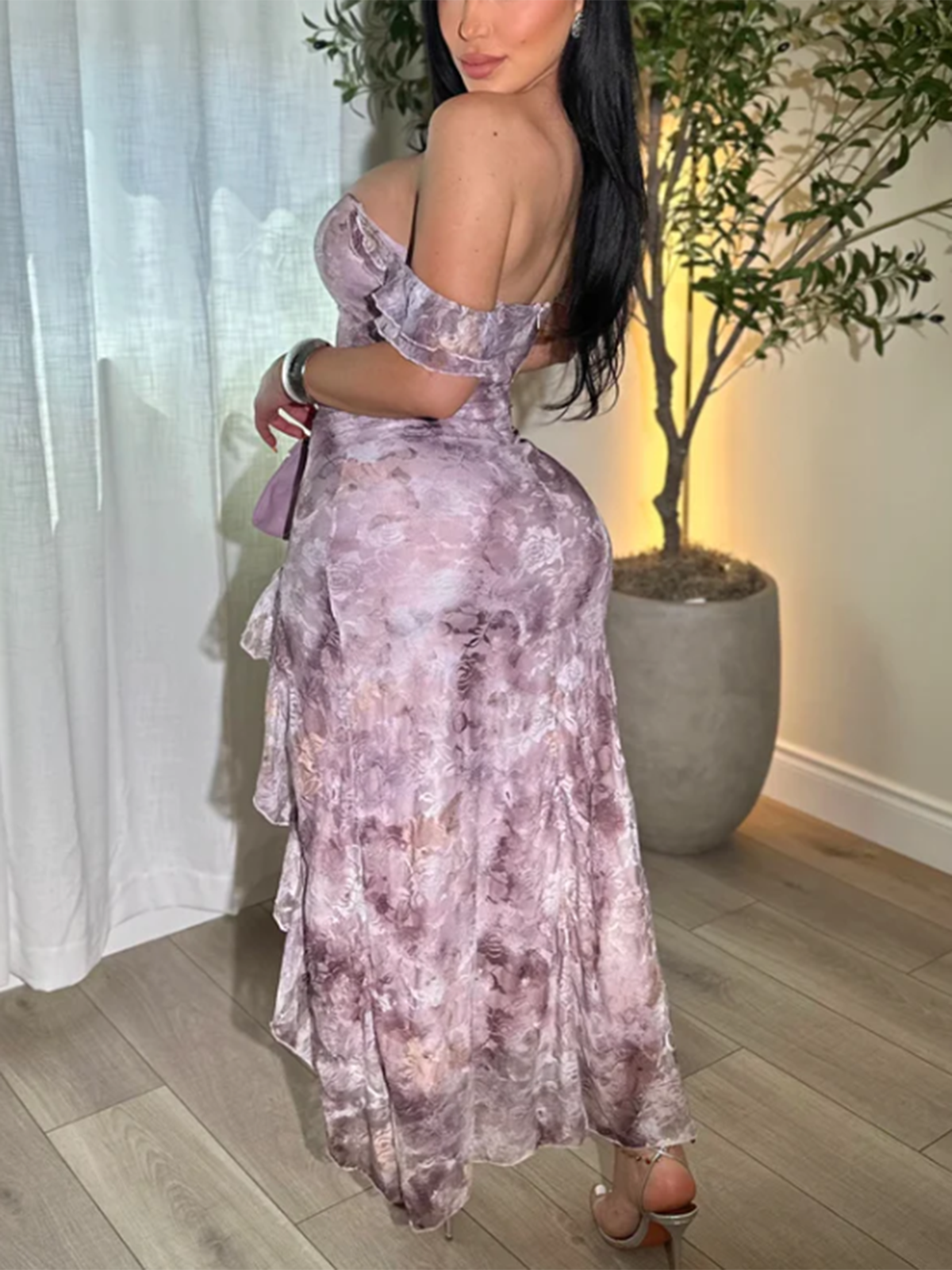 Elegant Style Beveled Lotus Leaf Lace Chest Hollow Design Gentle Dress Long Skirt