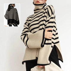 Striped Turtleneck Sweater Casual Loose Slit Design Sweater Tops Womens Clothing