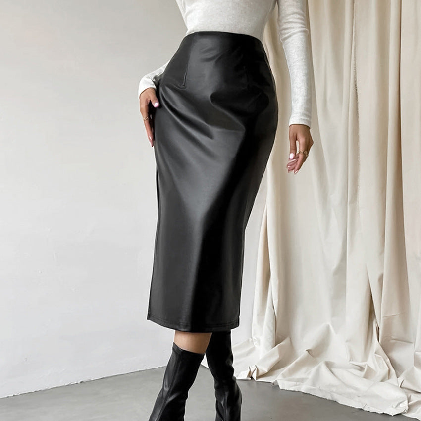 Commuter French Sheath PU Leather Skirt And Black Slit Straight Skirt