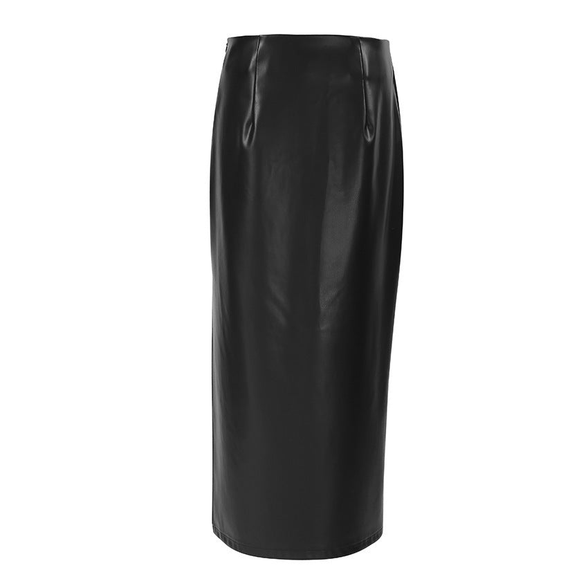 Commuter French Sheath PU Leather Skirt And Black Slit Straight Skirt