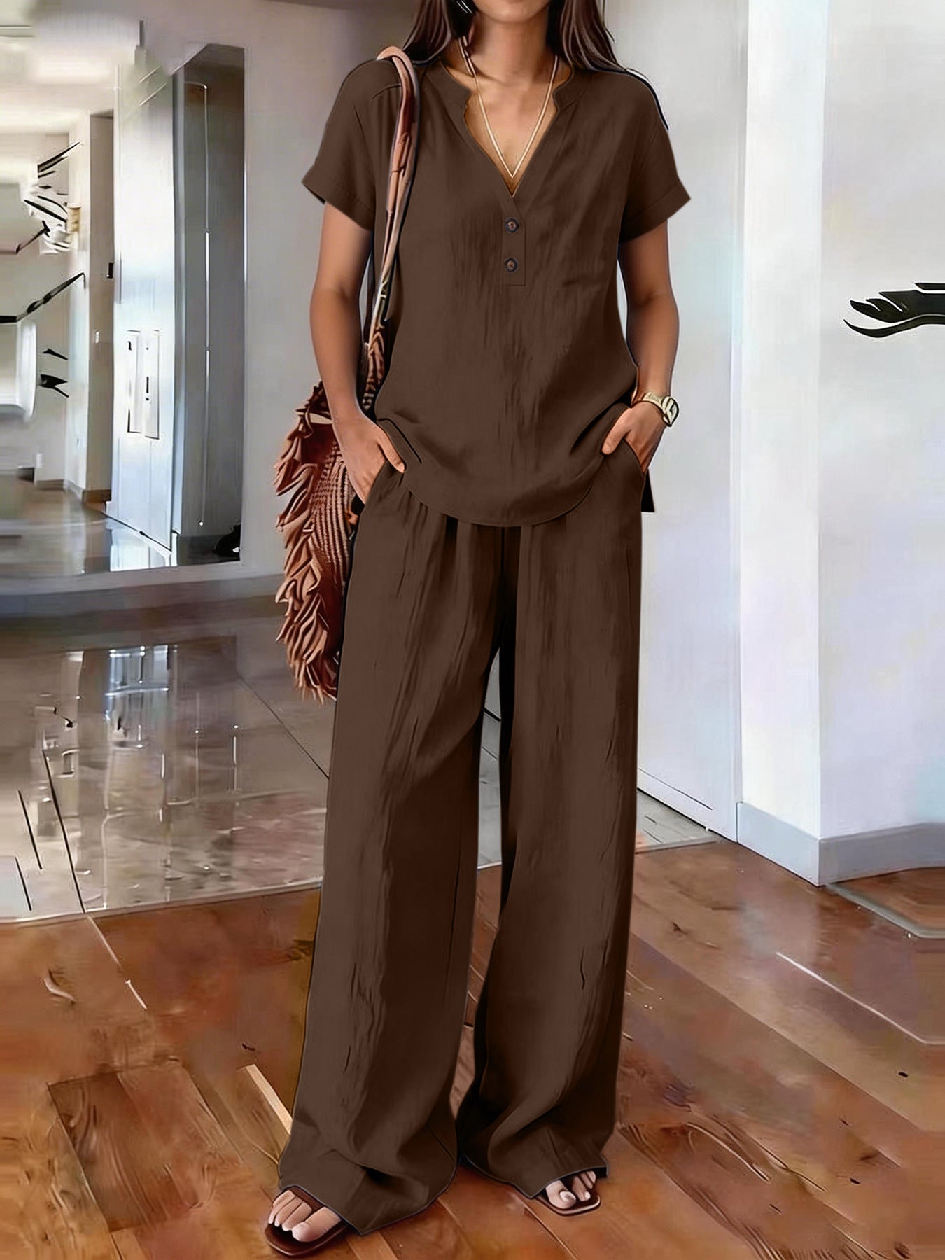 Casual Solid-Colored Cotton And Linen Set