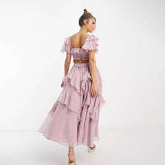 Holiday Ruffled Short-sleeved Dress Backless Square Neck Long Dresses For Party Womens Clothing
