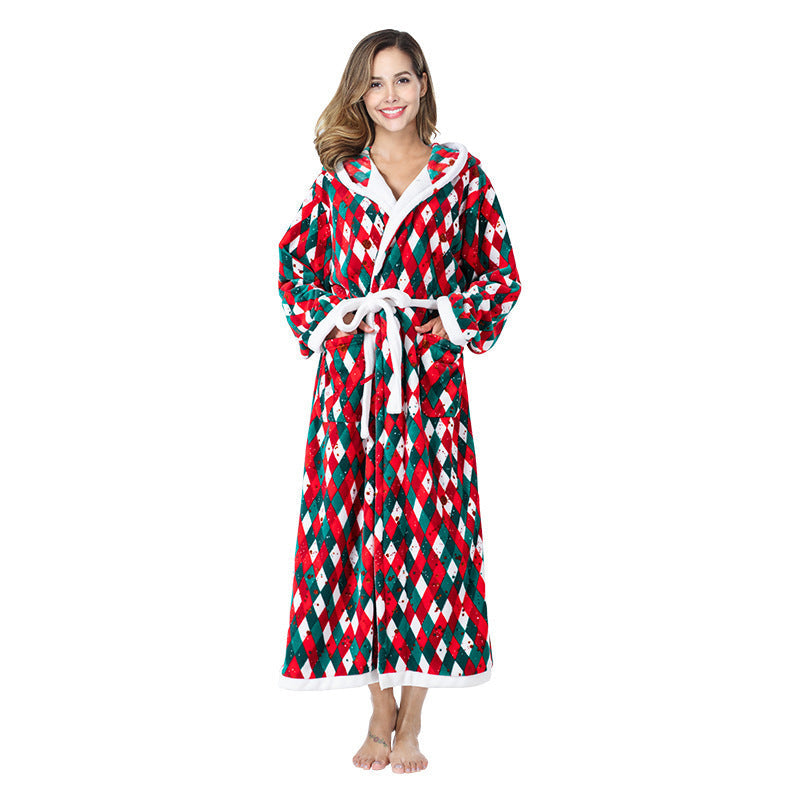 Christmas Sleepwear Fleece Hooded Bathrobe Plush Long Robe Winter