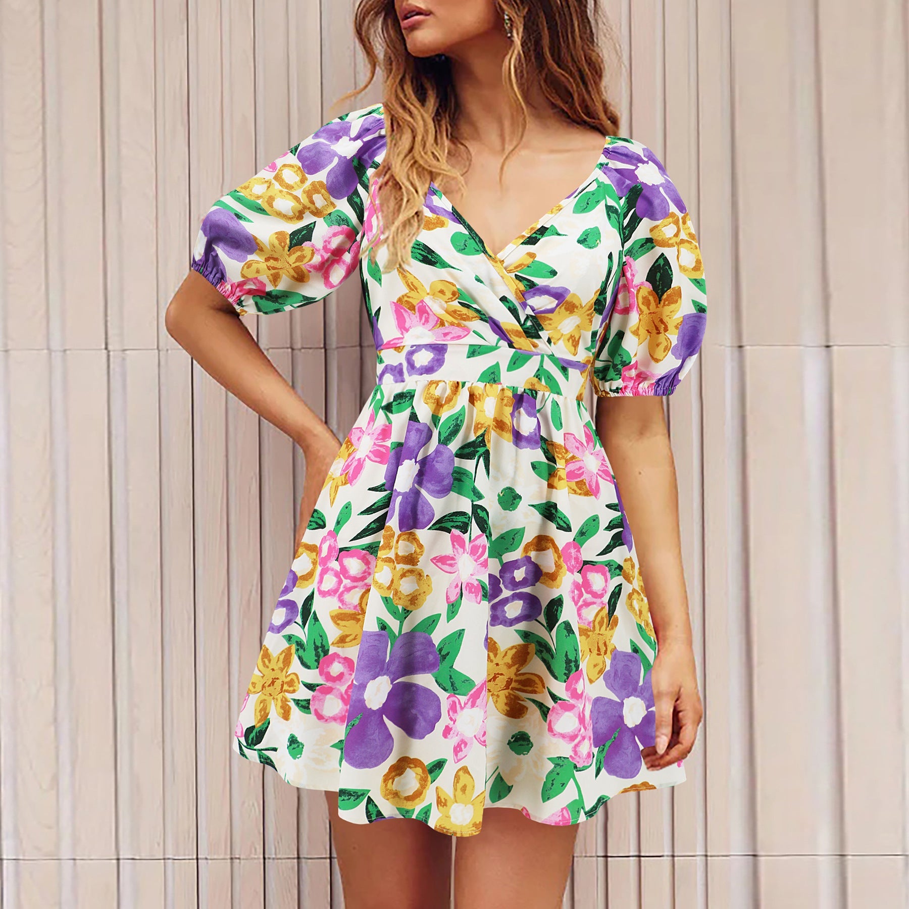 Flowers Print V-Neck Lantern-sleeve Dress Y2K Vacation Beach Short Dresses Womens Clothing