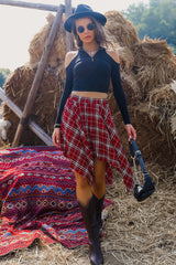 Irregular Hem Black And Red Plaid Punk Style Skirt