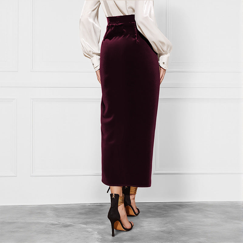 Solid Color Twisted Skirt Temperament Commute And Split Velvet Dress
