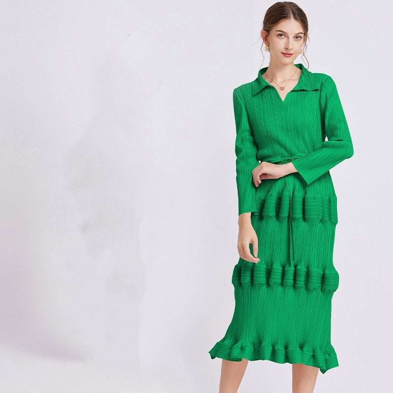 Dress Mid Waist Pleated Slim Fit Lantern Dress