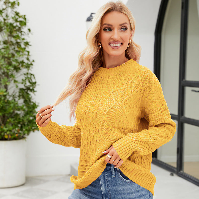 Casual Round-neck Pullover Sweater Fall Solid Color Cable-knot Pattern Tops Clothing