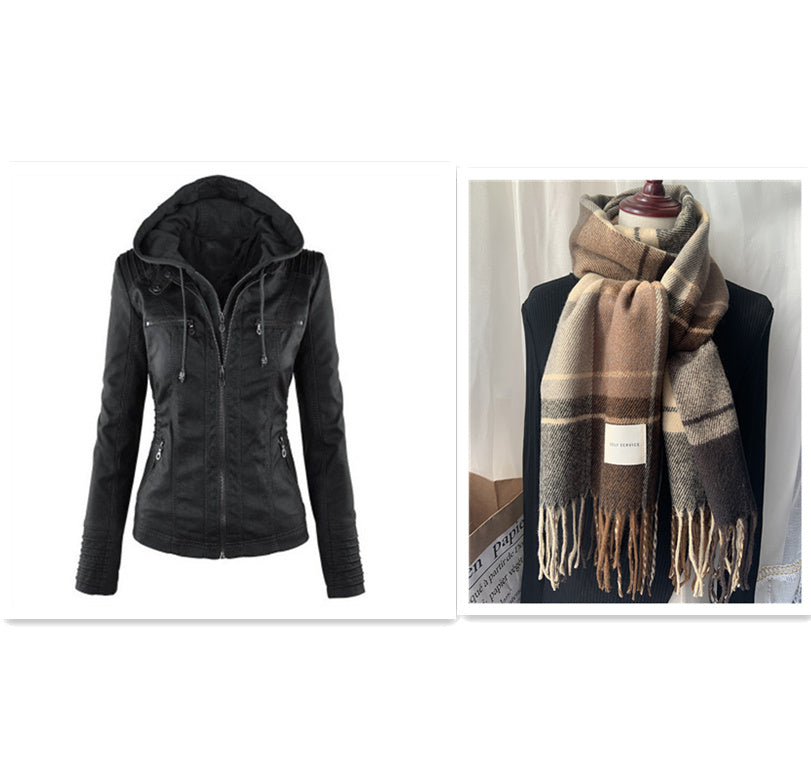Detachable Hooded Jacket With Pockets Casual Solid Color Zipper Long Sleeve Leather Coat Clothing