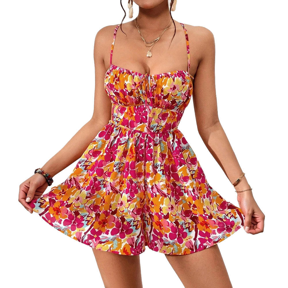 Floral Print Dress Lace-up Back Seaside Holiday Short Dresses