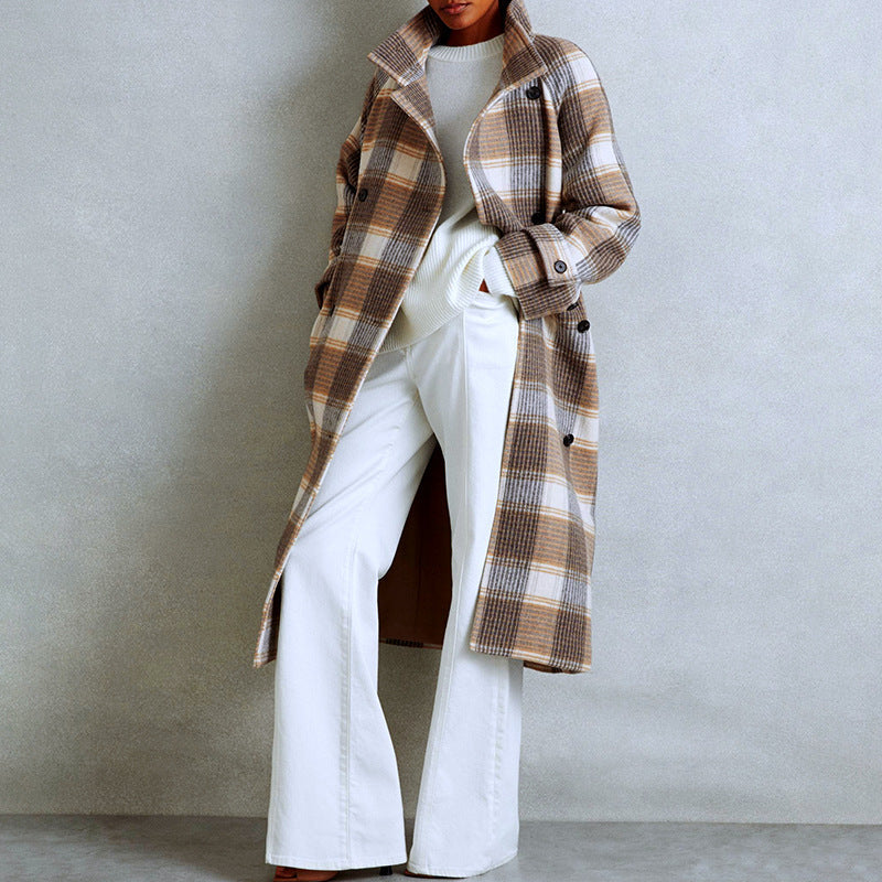 Contrast Color Plaid Coat Waist-tied Coat