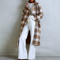 Contrast Color Plaid Coat Waist-tied Coat