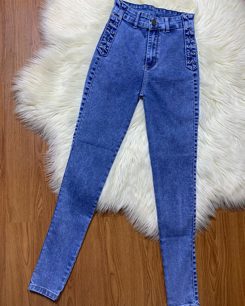 Braided Design Colorful Skinny Fashion Jeans