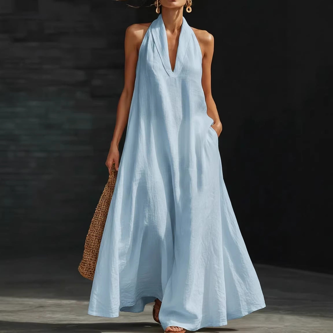 Casual Solid Color V-Neck Dress