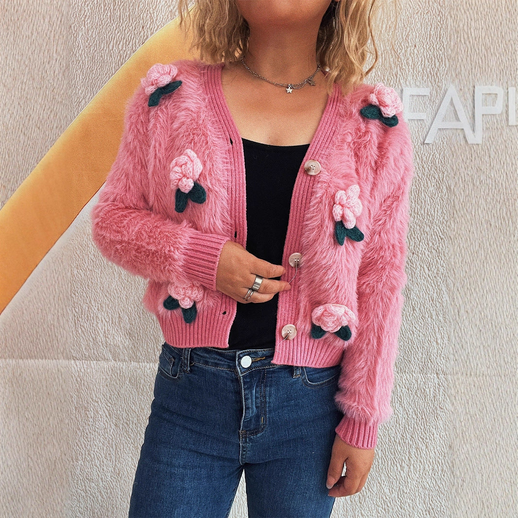 Stitching Three-dimensional Flower Short Knitted Sweater