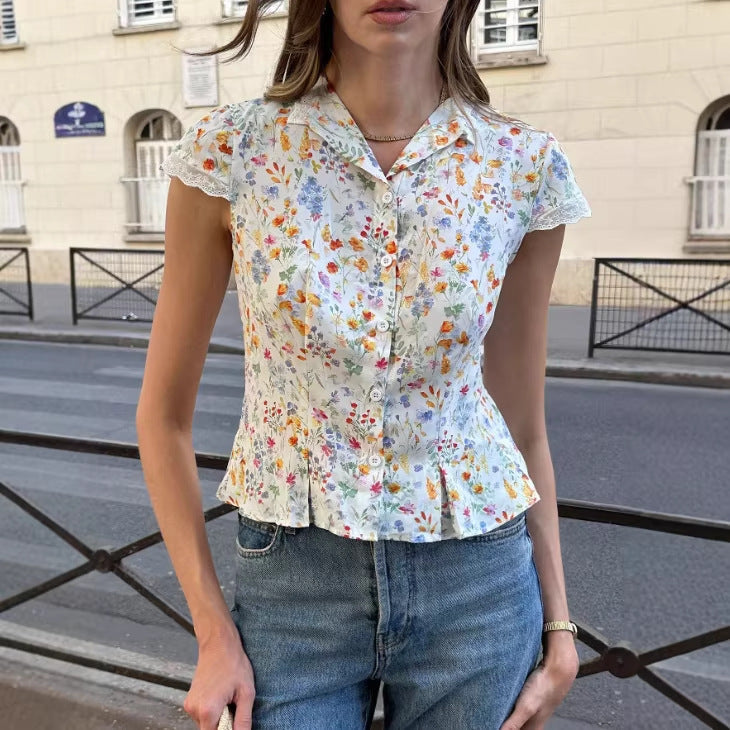 Floral Print Lace-Patchwork V-Neck Shirt