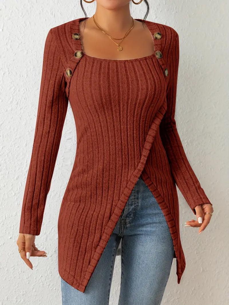 Square Collar Irregular Knitted Top With Button Design Solid Long-sleeved Long Top For Clothing