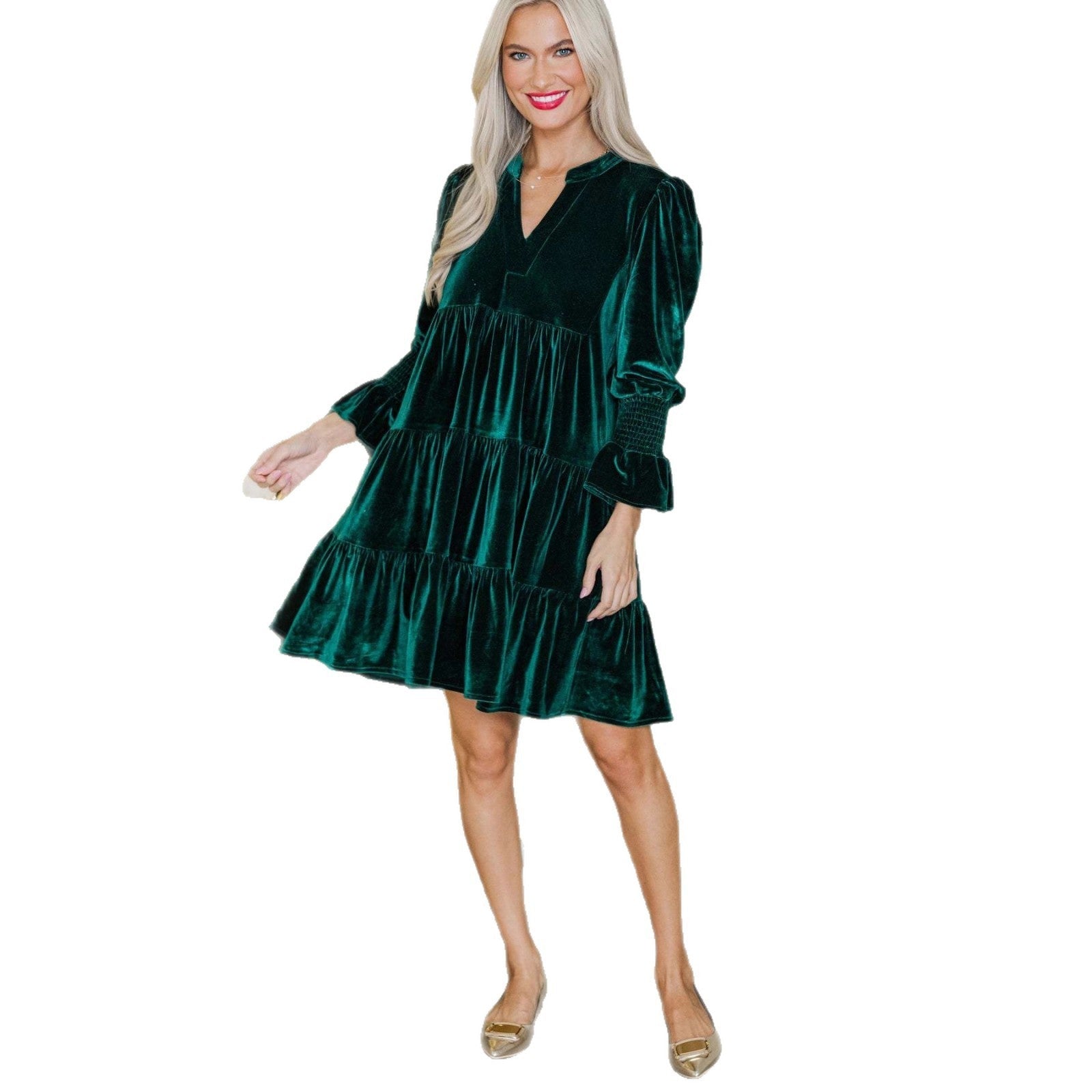 Long Sleeve Christmas Skirt Velvet Cake Dresses With Puffy Sleeves And V-Neck Mini Skirt Elegant Short Dress For Party Clothing