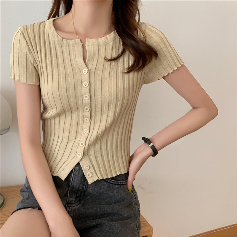 Style High Waist Cropped Short Slim Top Short Sleeve Knitted Cardigan