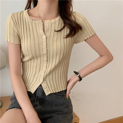 Style High Waist Cropped Short Slim Top Short Sleeve Knitted Cardigan