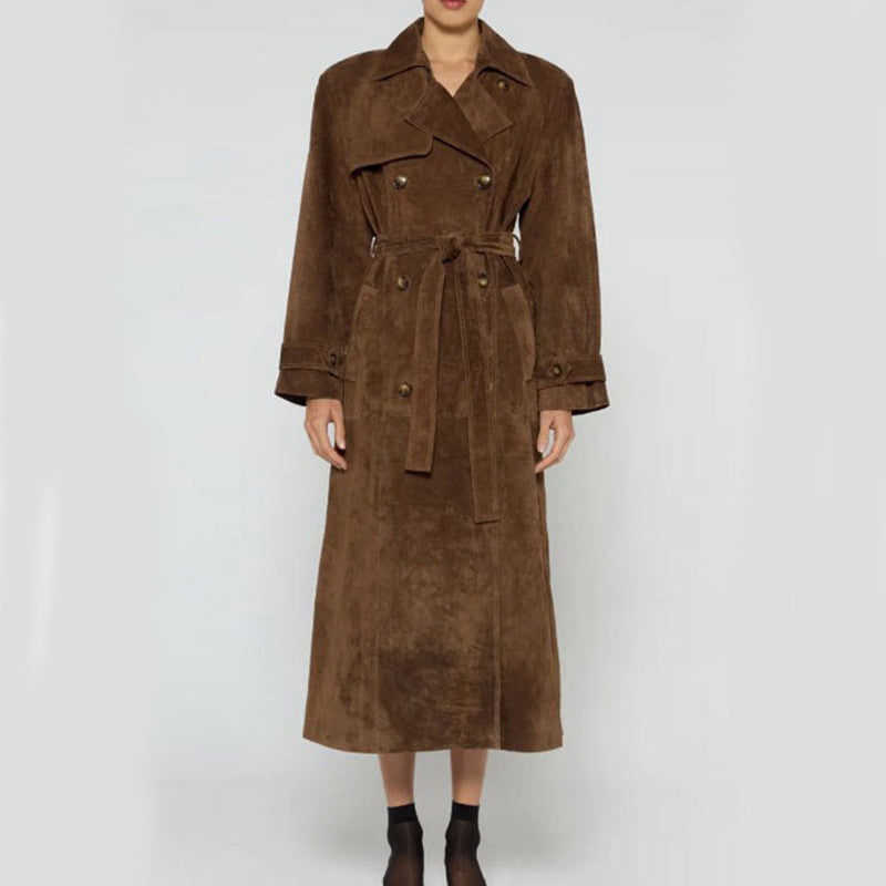 Double Breasted Lapel Shift Coat With Belt Vintage Suede Long Coat Outwear Clothing