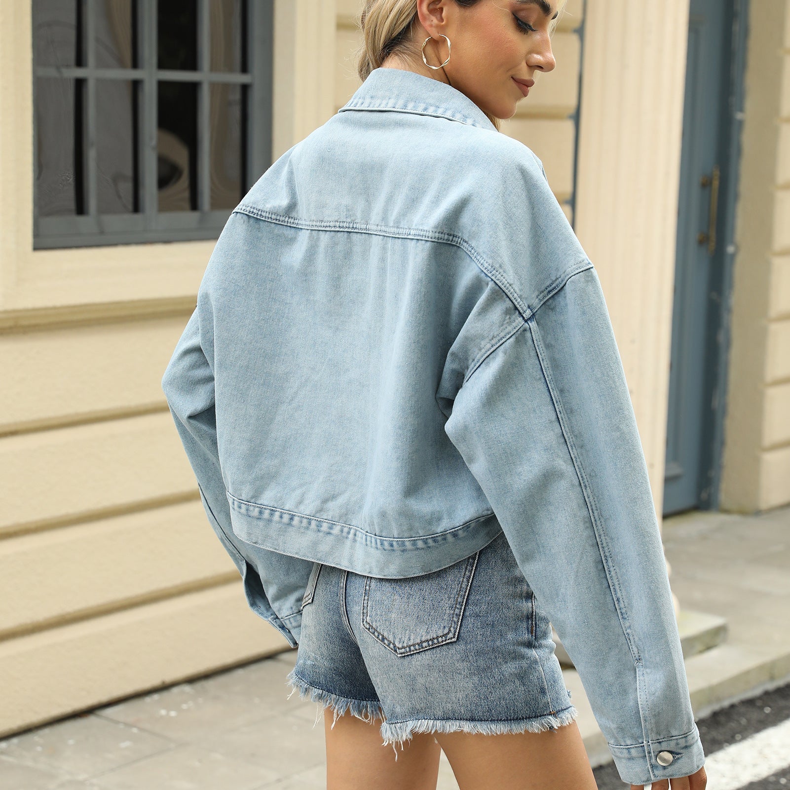 Loose Cropped Denim Jacket With Rivet Design Casual Long Sleeve Outerwear Tops For Clothing