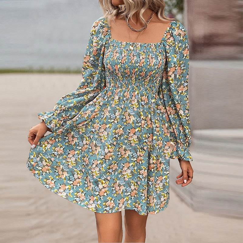 All-match Beach Print Square Collar High Waist Casual Dress