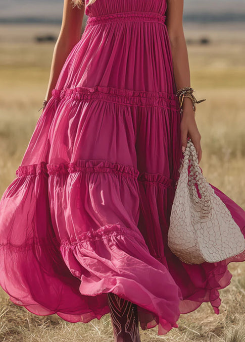 Western Retro Rose Red Chiffon Ruffled Sleeveless Maxi Dress