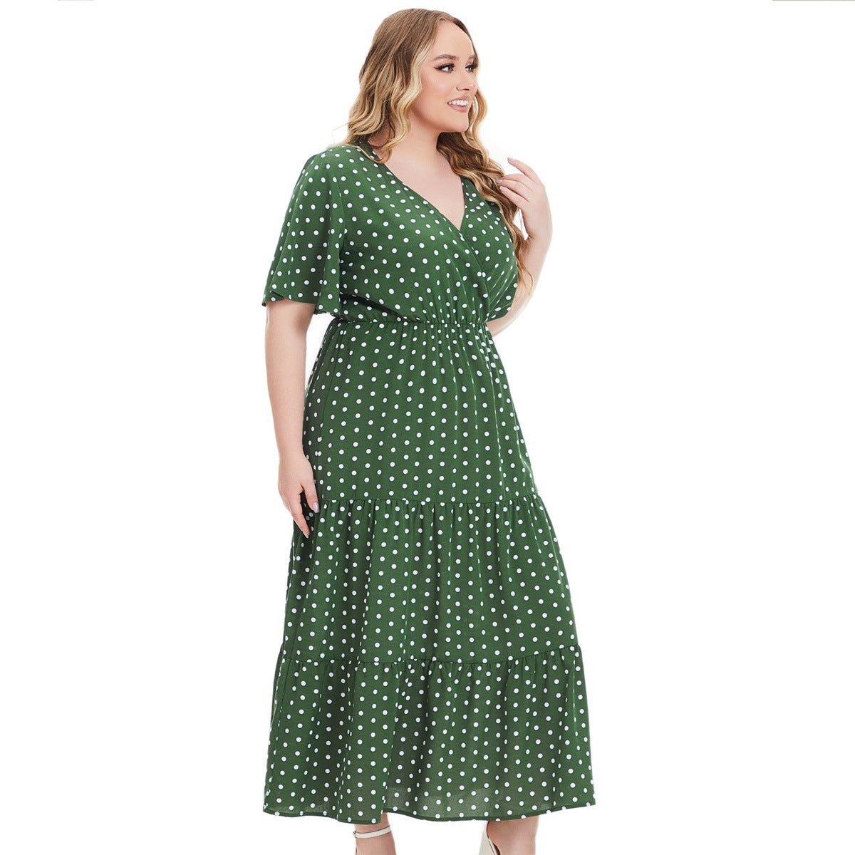 Plus Size For Plump V-neck Polka Dot Short Sleeve Dress