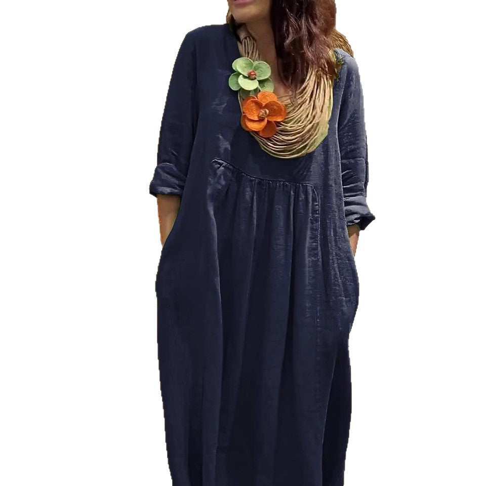 Casual Solid Color Cotton And Linen Pocket Dress
