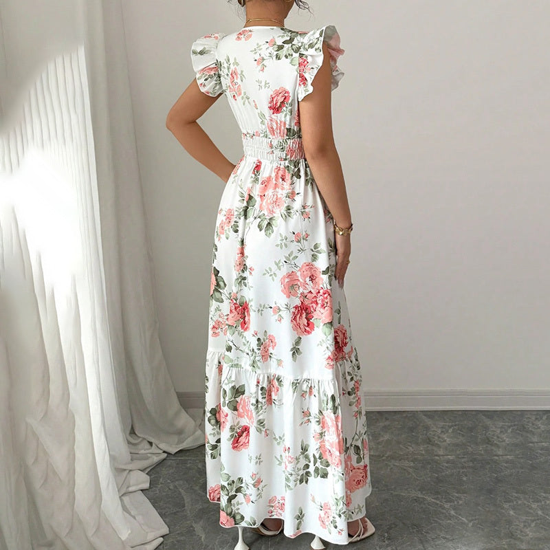 Womens Casual Maxi Dress Flutter Short Sleeve V Neck Smocked A Line Flowy Beach Vacation Long Dresses
