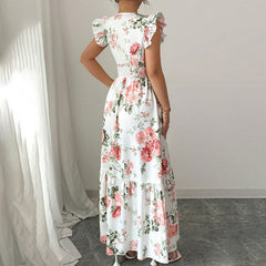 Womens Casual Maxi Dress Flutter Short Sleeve V Neck Smocked A Line Flowy Beach Vacation Long Dresses