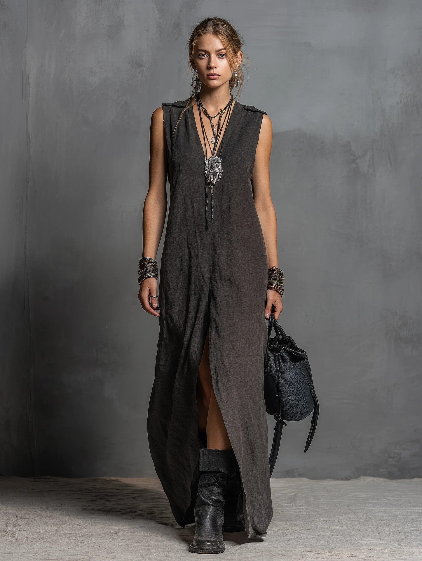 Womens Split Long Sleeveless V-Neck Dress
