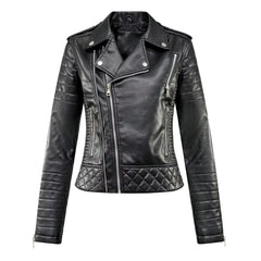 Turn-down Collar Motorcycle PU Leather Jacket Womens