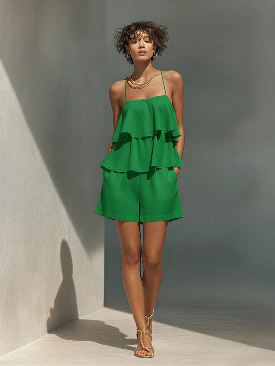 Multi-layer Ruffle Loose Camisole And Shorts Set