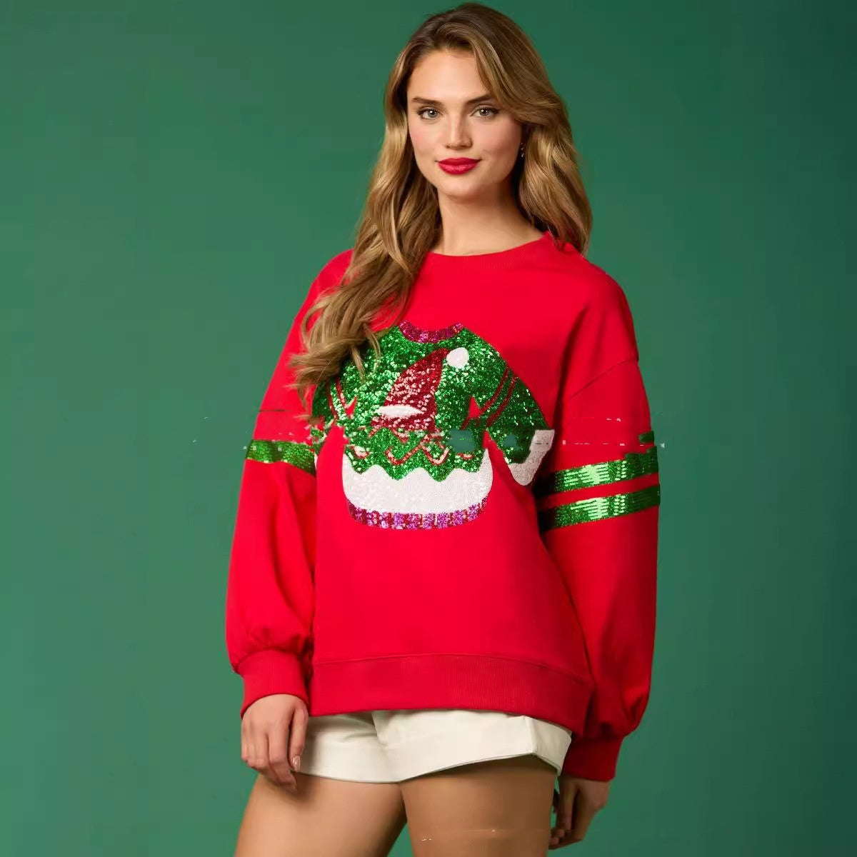 Christmas Sequined Round Neck Top Casual Sweatshirt