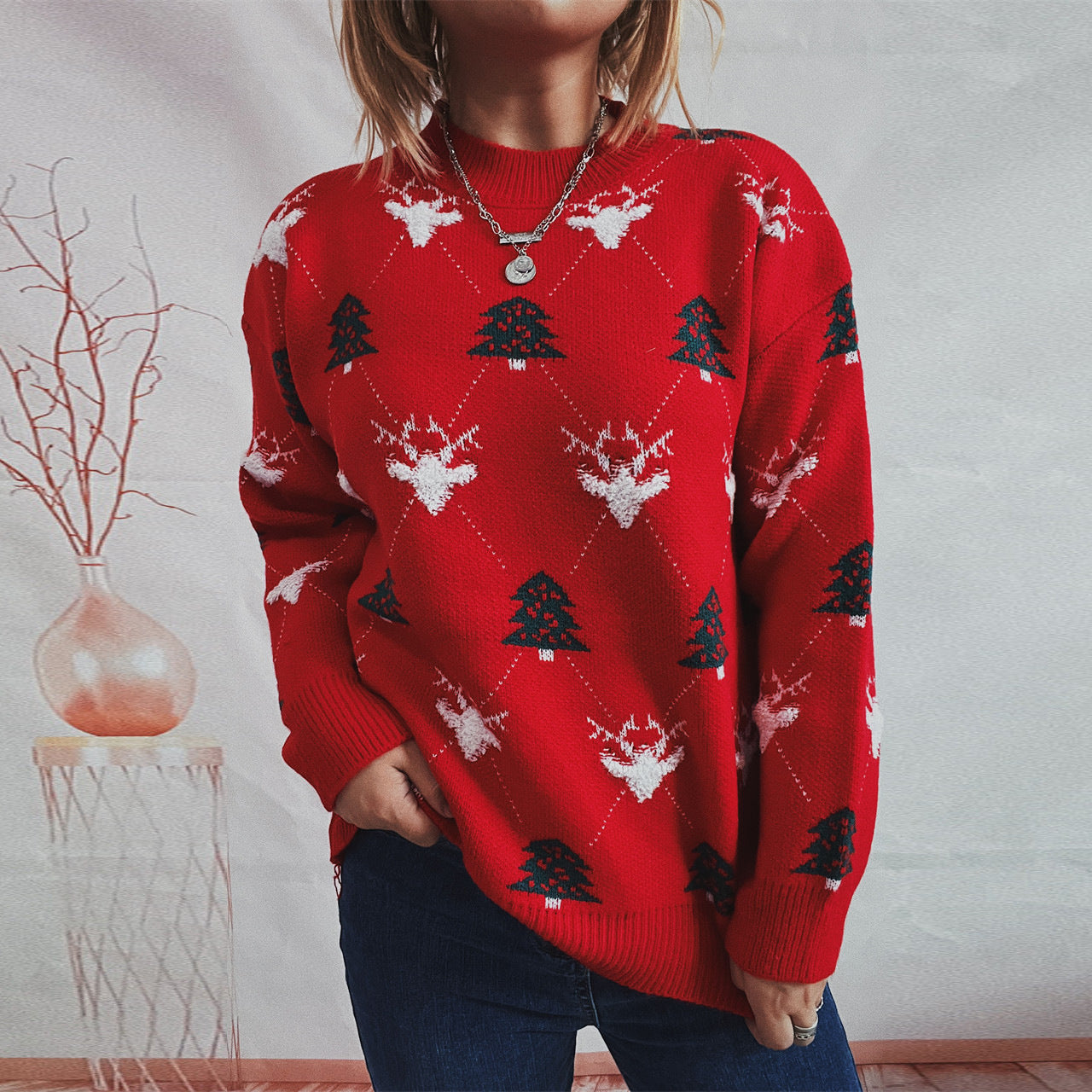 Round Neck Long Sleeve Loose Elk Jacquard Christmas Sweater