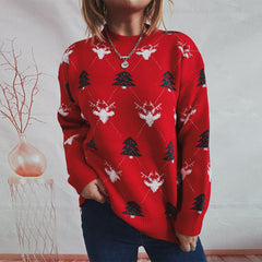 Round Neck Long Sleeve Loose Elk Jacquard Christmas Sweater