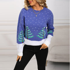 Blue Jacquard Long Sleeve Round Neck Christmas Knitted Pullover Leisure Sweater