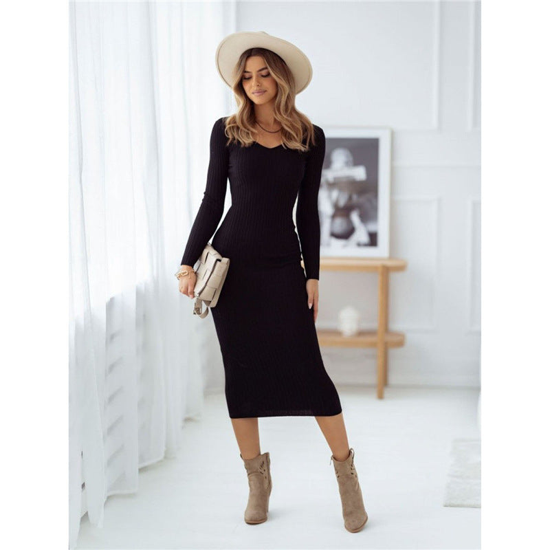 Midi Dress Solid Color Knitted Dress