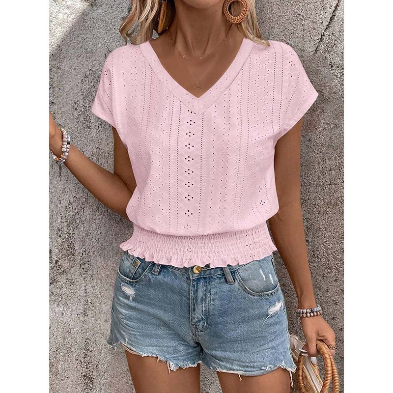 Eyelet Top Casual V Neck Short Sleeve Smocked Shirts Loose Tunic Tops Blouses