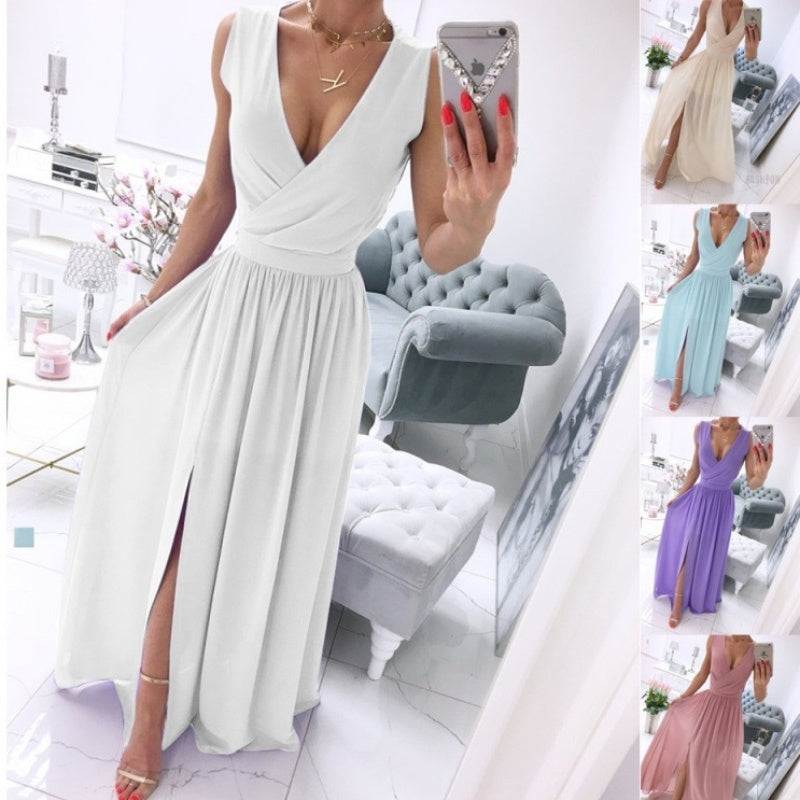 Sleeveless And Ankle Skirt Solid Color V-neck Front Split Long Dress
