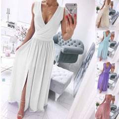 Sleeveless And Ankle Skirt Solid Color V-neck Front Split Long Dress