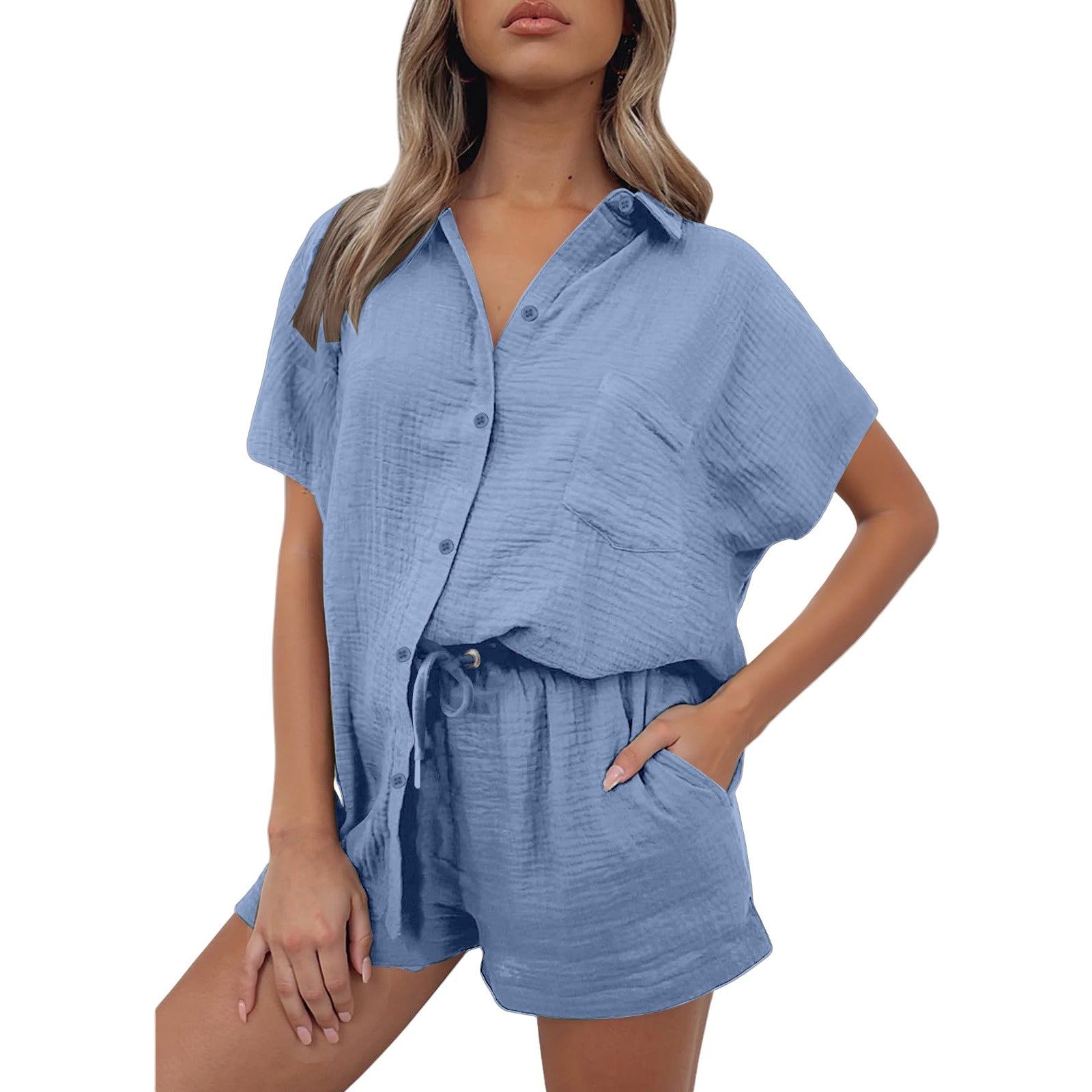 Casual Cotton And Linen Shirt And Shorts Set Womens Clothing
