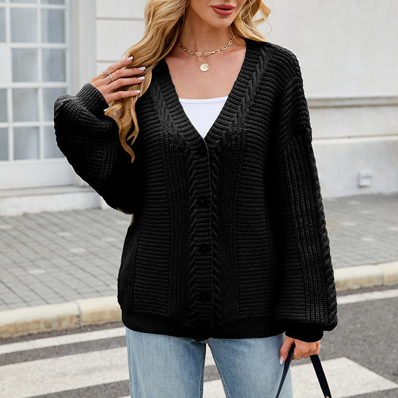 Loose Long-sleeved V-neck Twisted Knitted Sweater Coat