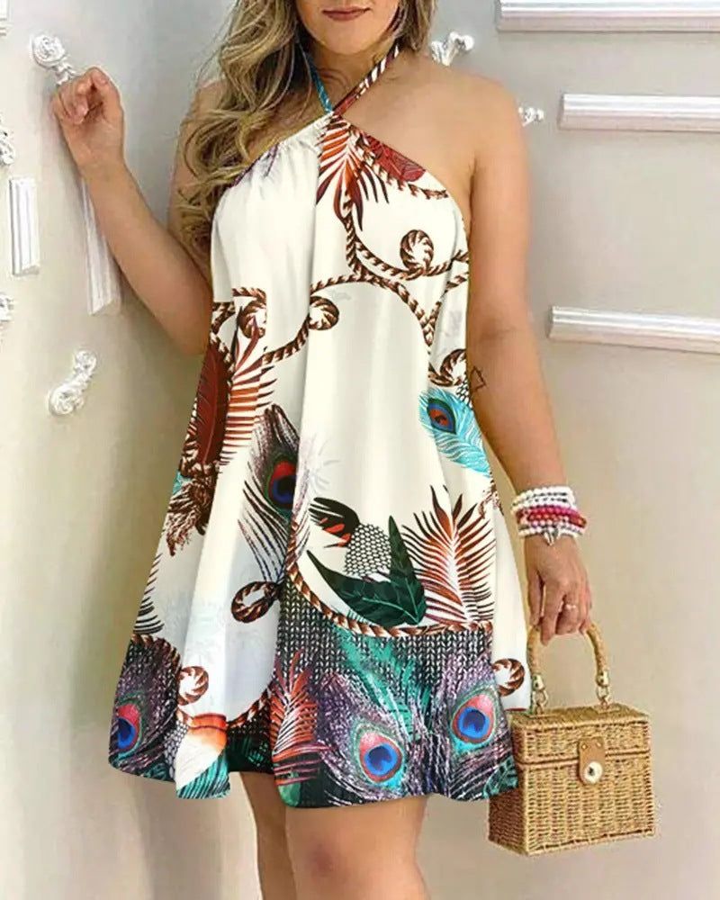 Printed Dress Off-Shoulder Hanging Neck Sleeveless Dresses Women