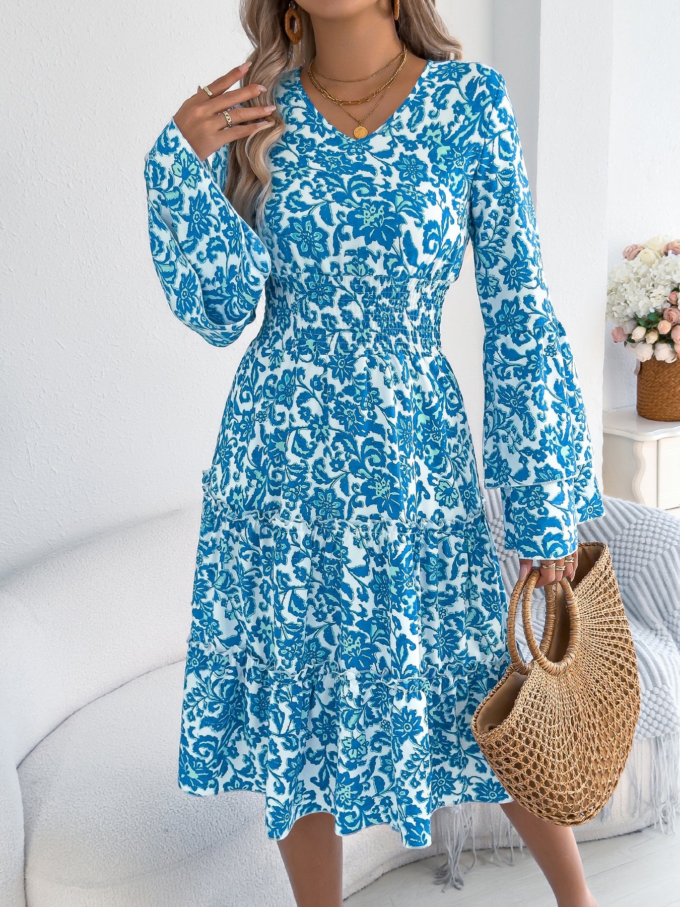 Vintage Bell Sleeve Ruffle Trim Tie Waist A-Line Dress