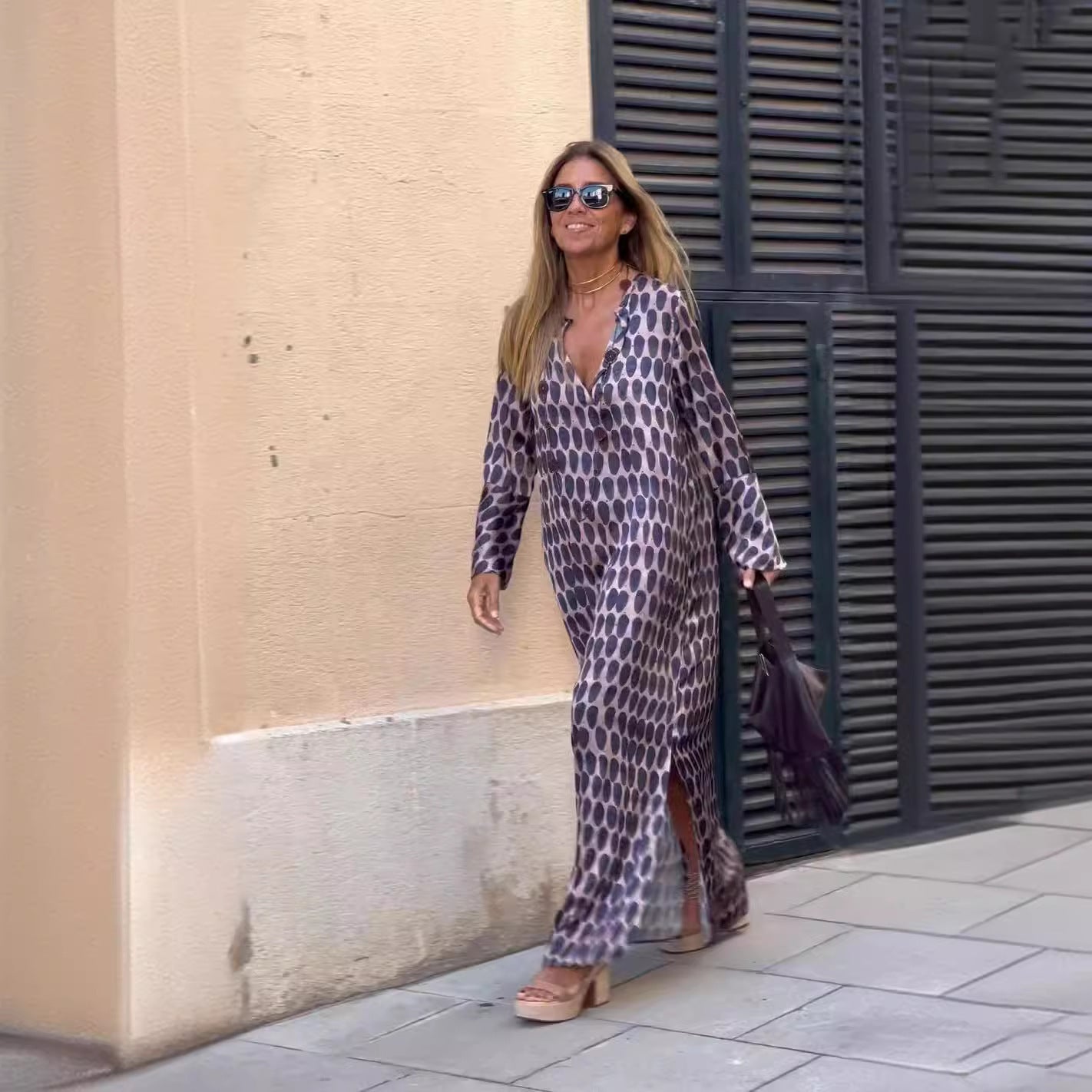 Geometric Printed V-neck Long Dress Long Sleeve Slit Dresses For Women