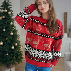 Christmas Casual Red Deer Jacquard Long-sleeved Round Neck Sweater