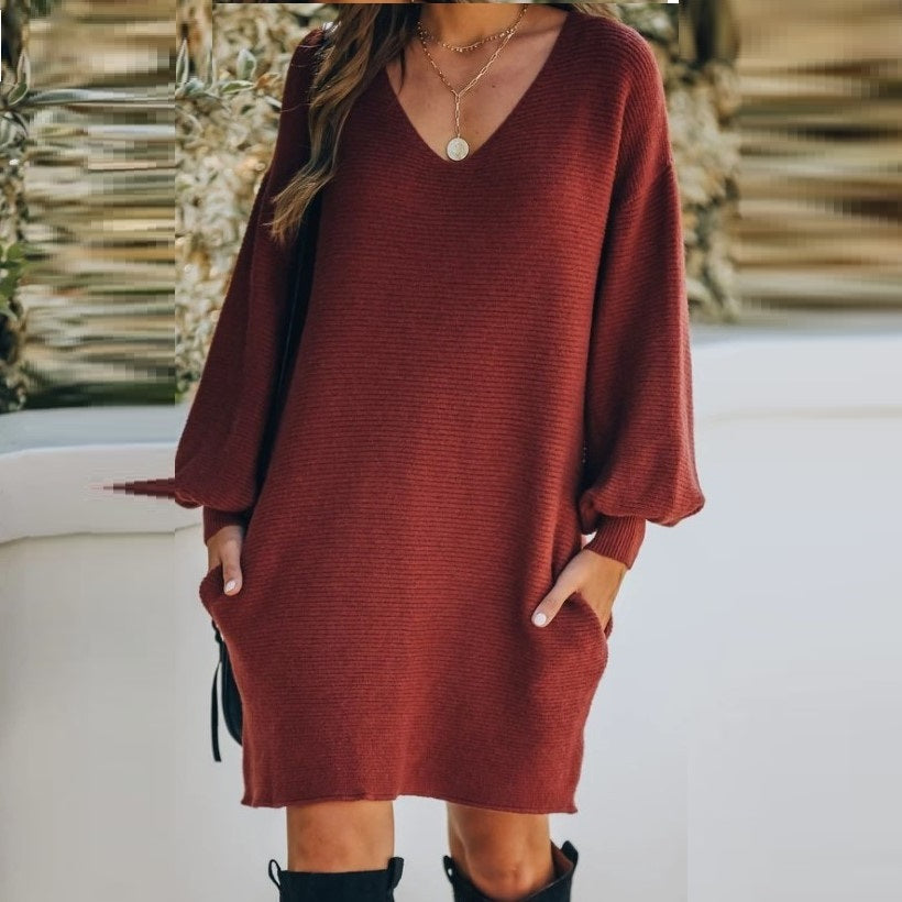 And Style Solid Color Pocket Sweater Dress